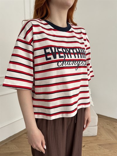 Evertthing Baskılı Çizgili T-shirt Ekru-kırmızı