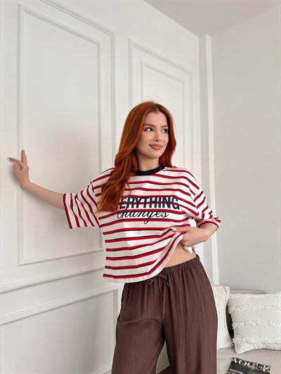 Evertthing Baskılı Çizgili T-shirt Ekru-kırmızı