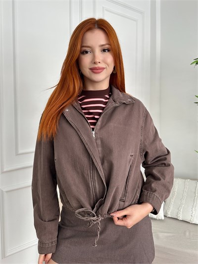 Fermuarlı Patlı Tencel Mont Kahve