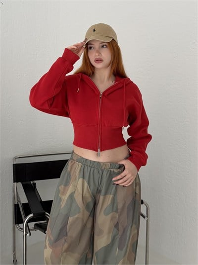 Fermuarlı Ribana Detay Kapüşonlu Sweatshirt Kırmızı