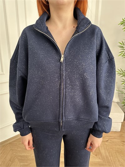 Fermuarlı Simli Sweatshirt Lacivert-gümüş