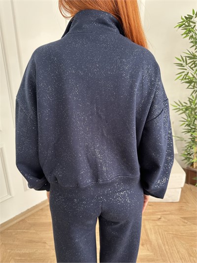 Fermuarlı Simli Sweatshirt Lacivert-gümüş