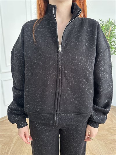 Fermuarlı Simli Sweatshirt Siyah-gümüş