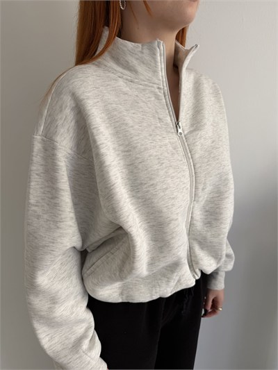 Fermuarlı Sırtı Baskılı Yarasa Kol Sweatshırt Gri melanj