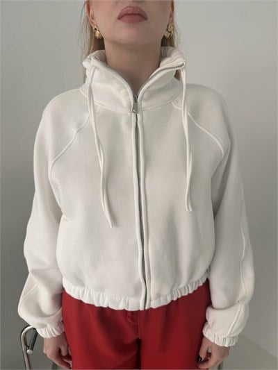 Fermuarlı Yan Cep Crop Sweatshirt Beyaz