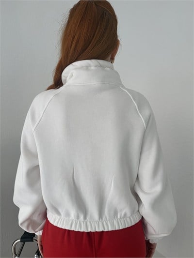 Fermuarlı Yan Cep Crop Sweatshirt Beyaz