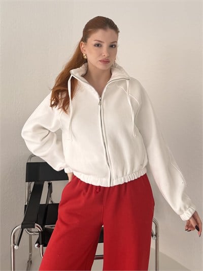 Fermuarlı Yan Cep Crop Sweatshirt Beyaz