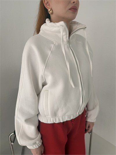 Fermuarlı Yan Cep Crop Sweatshirt Beyaz