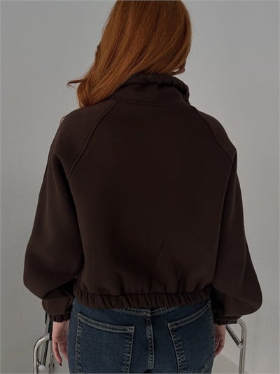 Fermuarlı Yan Cep Crop Sweatshirt Kahve