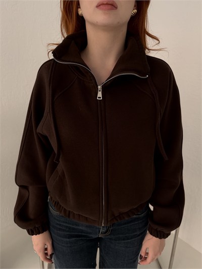 Fermuarlı Yan Cep Crop Sweatshirt Kahve