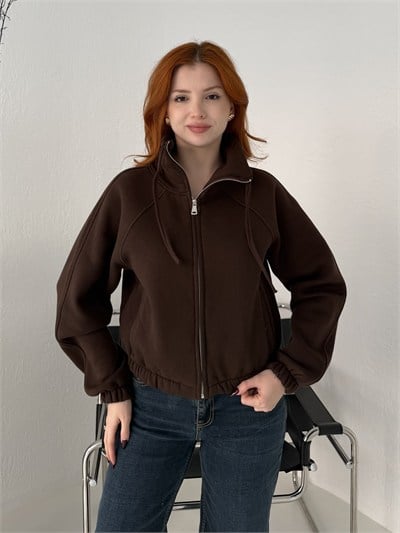 Fermuarlı Yan Cep Crop Sweatshirt Kahve