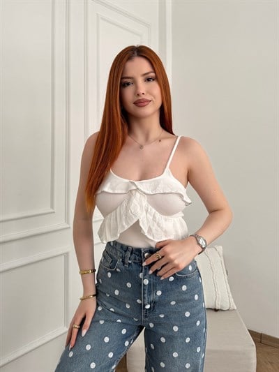 Fırfırlı Askılı Crop Ekru