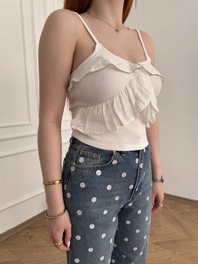 Fırfırlı Askılı Crop Ekru