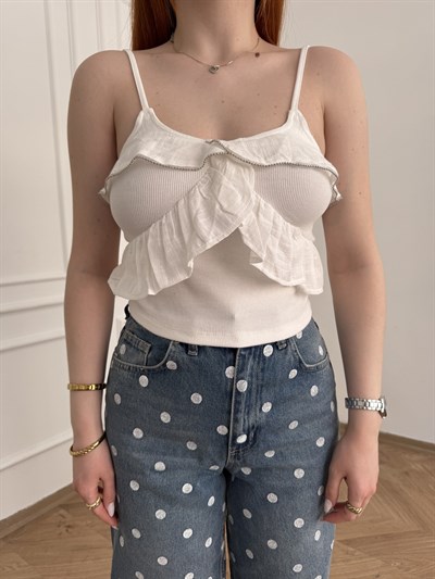 Fırfırlı Askılı Crop Ekru