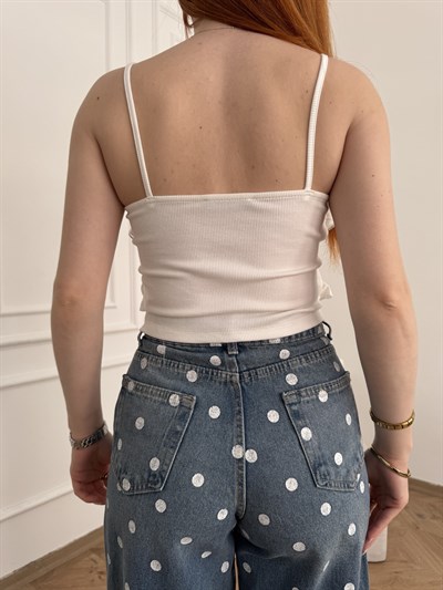 Fırfırlı Askılı Crop Ekru