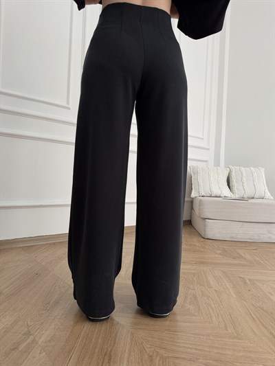 Fitilli Bol Paça Yan Cep Pantolon Siyah