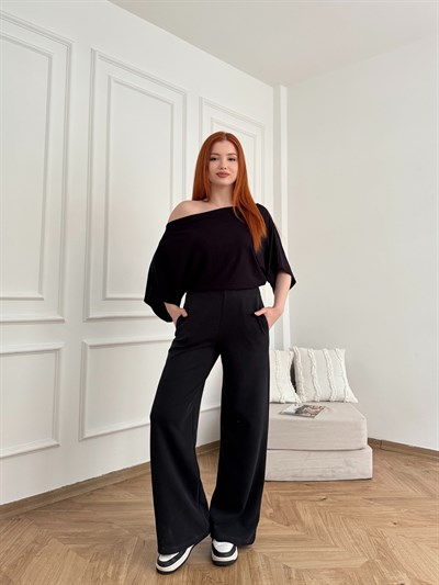 Fitilli Bol Paça Yan Cep Pantolon Siyah