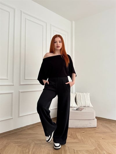 Fitilli Bol Paça Yan Cep Pantolon Siyah