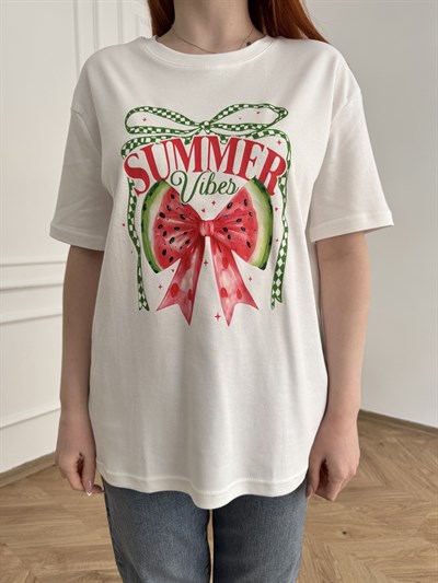 Fiyonk Karpuz Baskılı Summer Vibes T-shirt Ekru