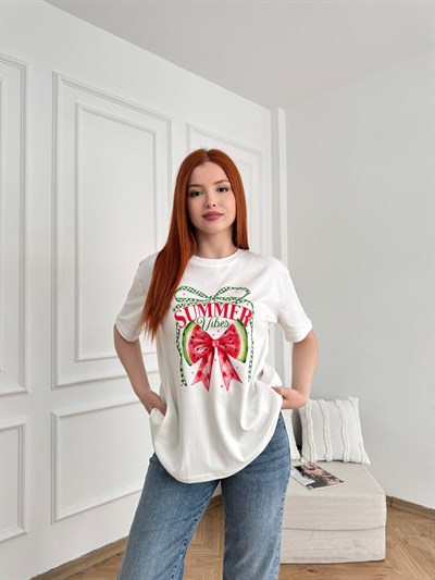 Fiyonk Karpuz Baskılı Summer Vibes T-shirt Ekru