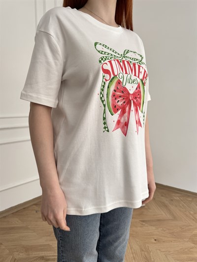 Fiyonk Karpuz Baskılı Summer Vibes T-shirt Ekru