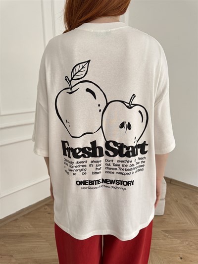Fresh Start Baskılı Oversize T-shirt Ekru