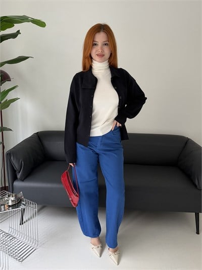 Gabardin Arkası Tokalı Balon Pantolon Saks