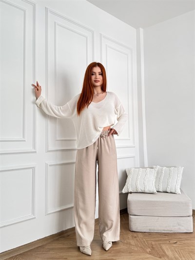 Geniş Paça Beli Lastikli Pantolon Taş