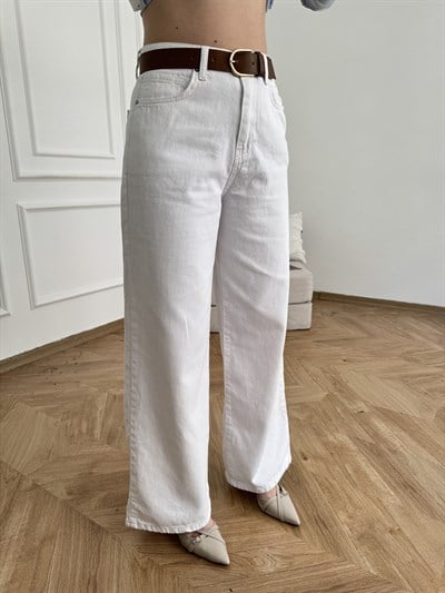 Geniş Paça Kemerli Pantolon Beyaz