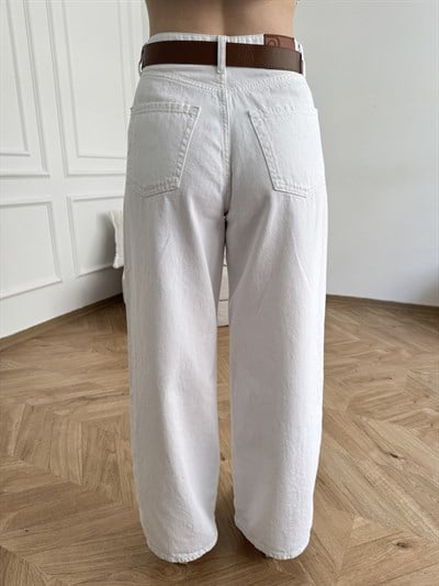 Geniş Paça Kemerli Pantolon Beyaz