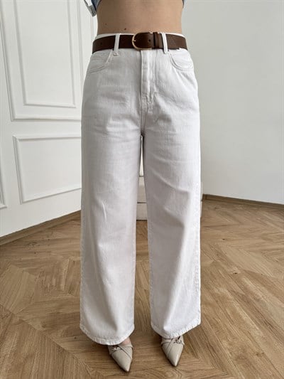 Geniş Paça Kemerli Pantolon Beyaz