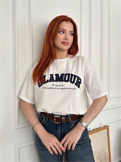 Glamour Nakışlı T-shirt Ekru