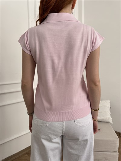 Göğüsü Nakışlı Düşük Kol Triko Şeker pembe