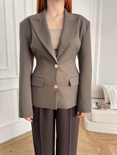 Gold Düğme Blazer Ceket Kahve
