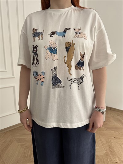 Happy Dog Basklı T-shirt Ekru