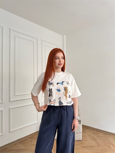 Happy Dog Basklı T-shirt Ekru