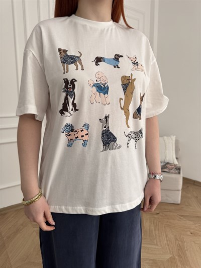 Happy Dog Basklı T-shirt Ekru