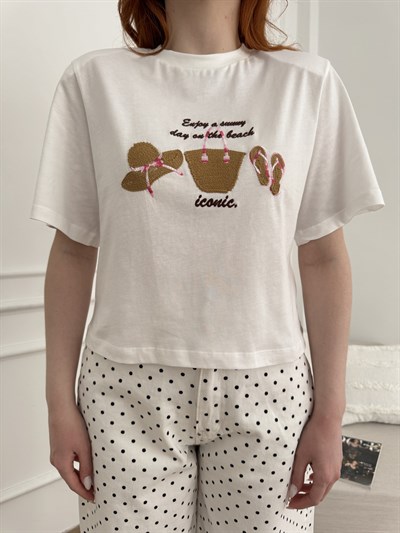 Hasır Detay T-shirt Ekru