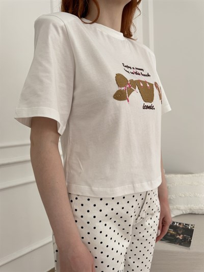 Hasır Detay T-shirt Ekru
