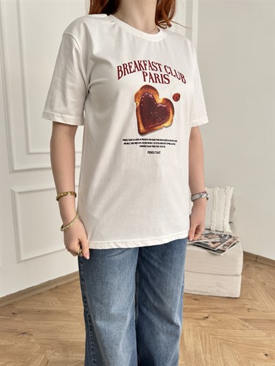 Heart Bread Baskılı Tişört Ekru
