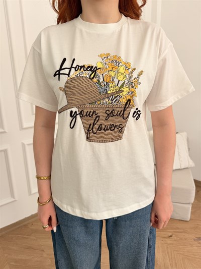 Honey Şapka Nakışlı T-shirt Ekru
