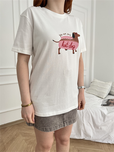 Hot Dog Köpek Baskılı T-shirt Ekru
