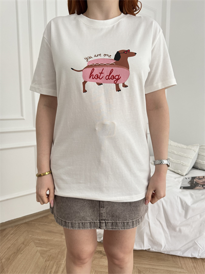 Hot Dog Köpek Baskılı T-shirt Ekru