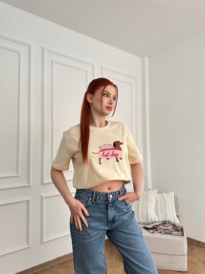Hot Dog Köpek Baskılı T-shirt Vanilya