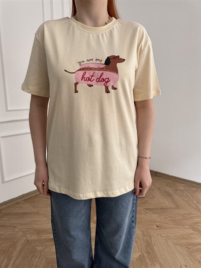 Hot Dog Köpek Baskılı T-shirt Vanilya