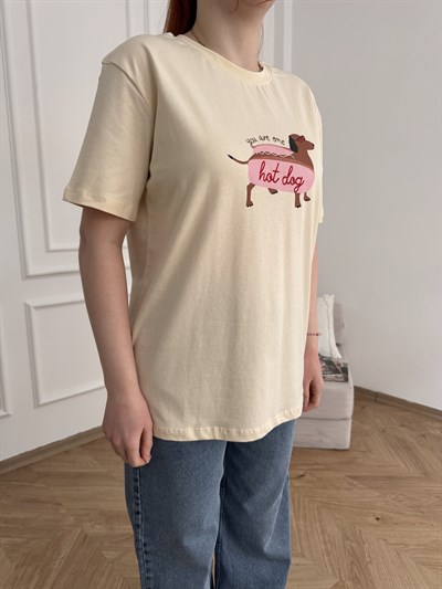Hot Dog Köpek Baskılı T-shirt Vanilya