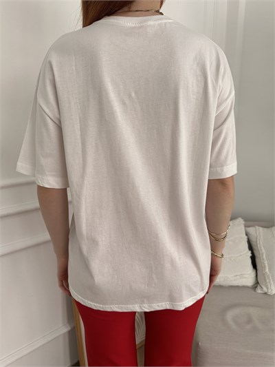 İğne Nakışlı T-shirt Ekru