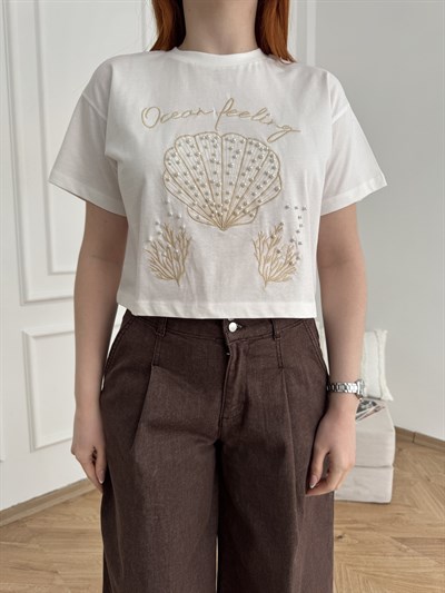 İnci Detaylı Crop T-shirt Ekru