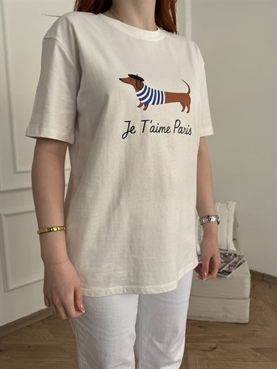 Je Taime Paris Köpek Baskılı Tişört Ekru