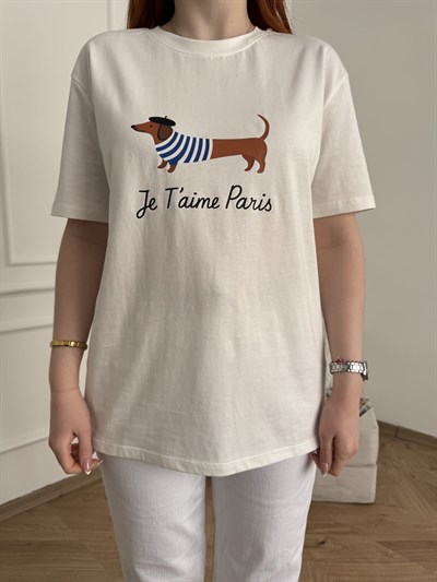 Je Taime Paris Köpek Baskılı Tişört Ekru